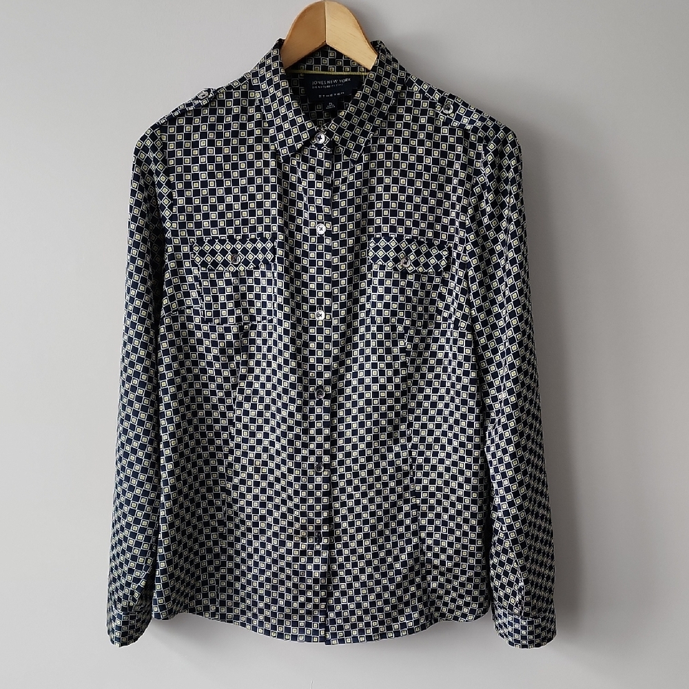 Jones New York Navy Olive White Checkered Women's Shirt